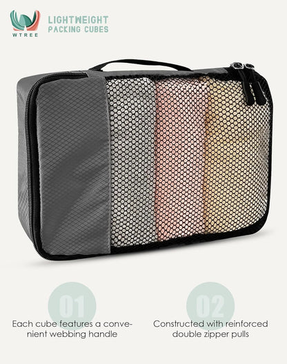 4-Piece Packing Cubes Travel Accessories Set for Suitcases - Luggage Organizer Bags with Double Zipper - Mesh Top - Small/Medium/Large/Slim - Grey