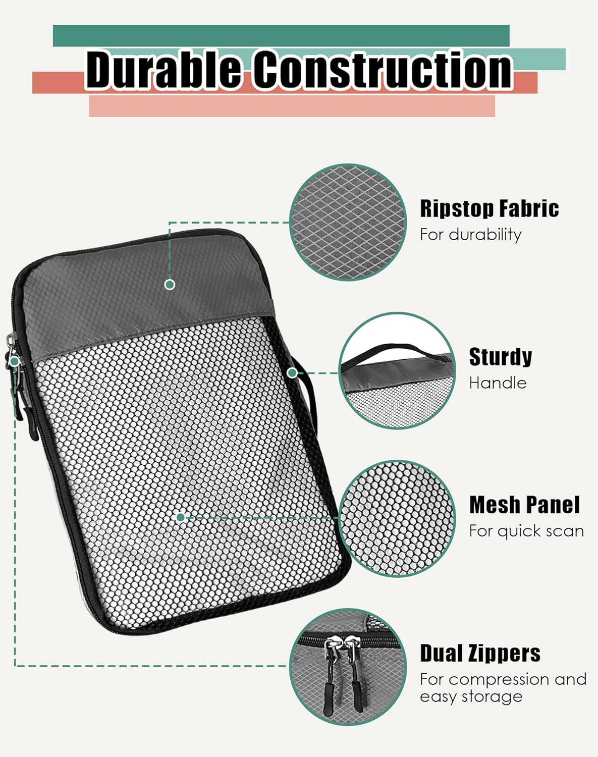 4-Piece Packing Cubes Travel Accessories Set for Suitcases - Luggage Organizer Bags with Double Zipper - Mesh Top - Small/Medium/Large/Slim - Grey