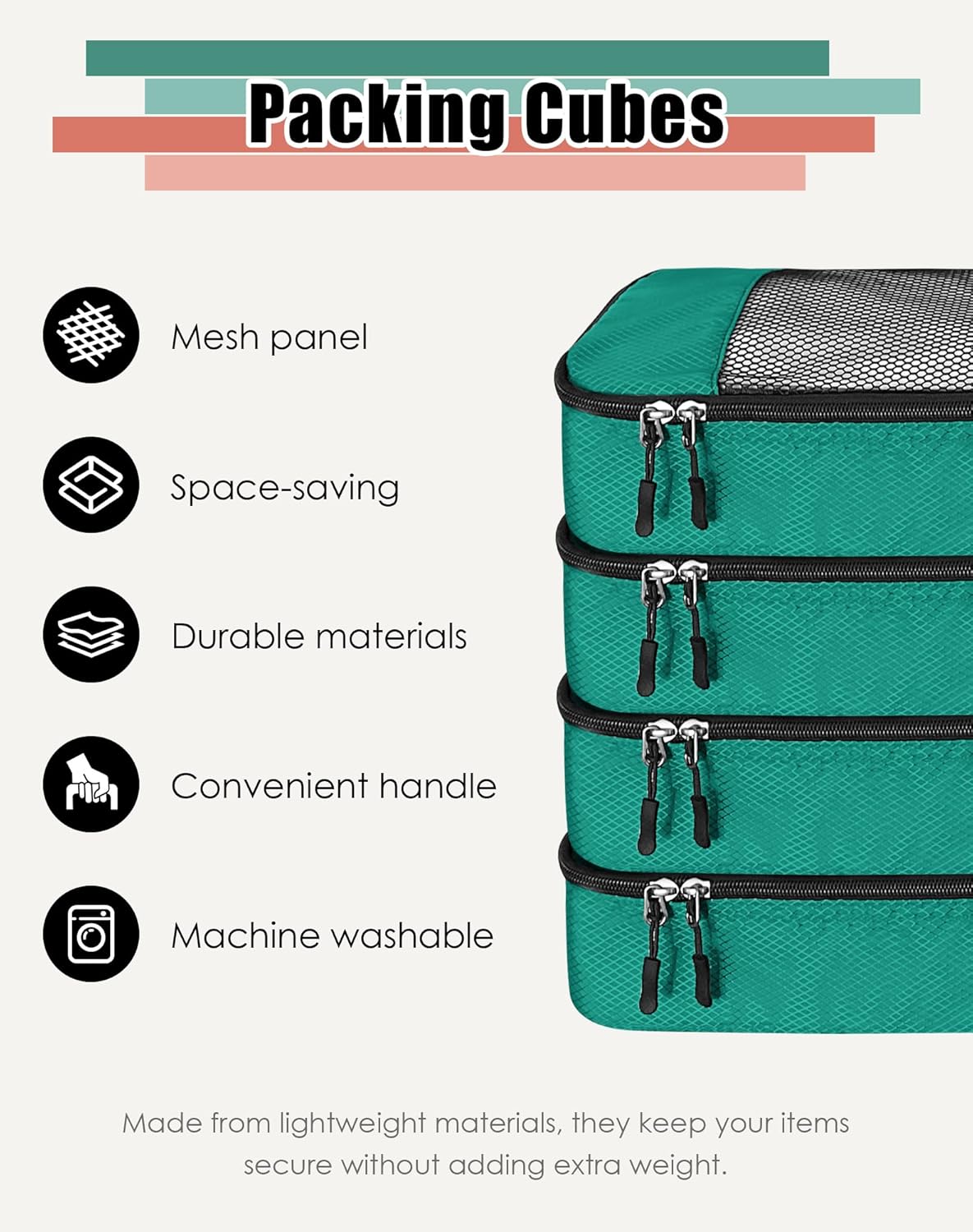 4-Piece Packing Cubes Travel Accessories Set for Suitcases - Luggage Organizer Bags with Double Zipper - Mesh Top - Small/Medium/Large/Slim - Grey