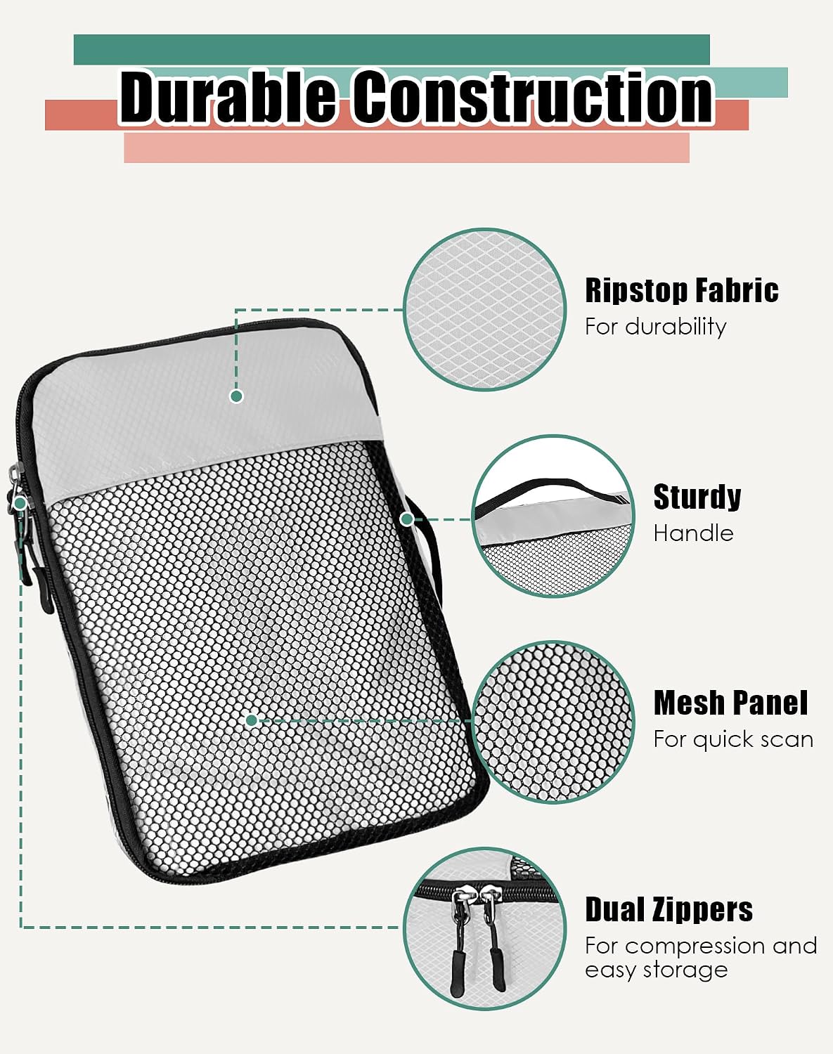 4-Piece Packing Cubes Travel Accessories Set for Suitcases - Luggage Organizer Bags with Double Zipper - Mesh Top - Small/Medium/Large/Slim - Grey