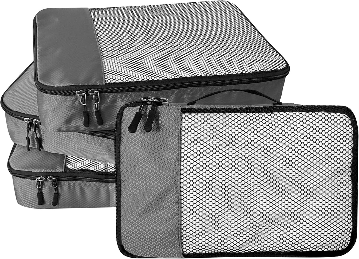 4-Piece Packing Cubes Travel Accessories Set for Suitcases - Luggage Organizer Bags with Double Zipper - Mesh Top - Small/Medium/Large/Slim - Grey