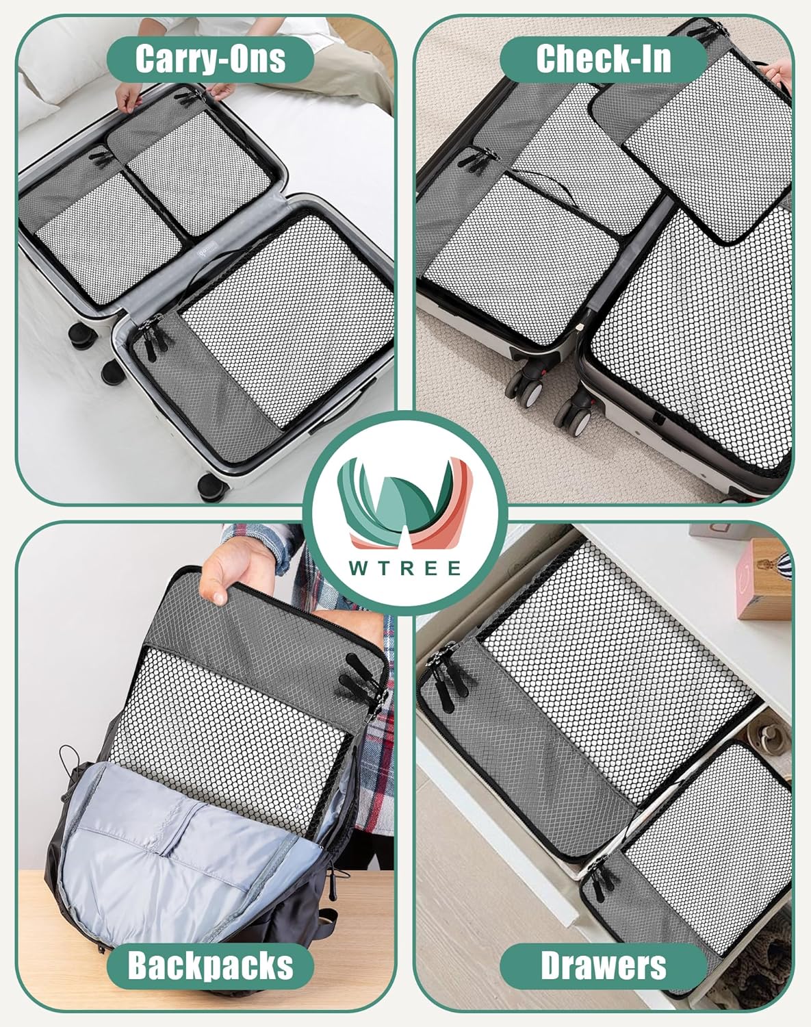 4-Piece Packing Cubes Travel Accessories Set for Suitcases - Luggage Organizer Bags with Double Zipper - Mesh Top - Small/Medium/Large/Slim - Grey