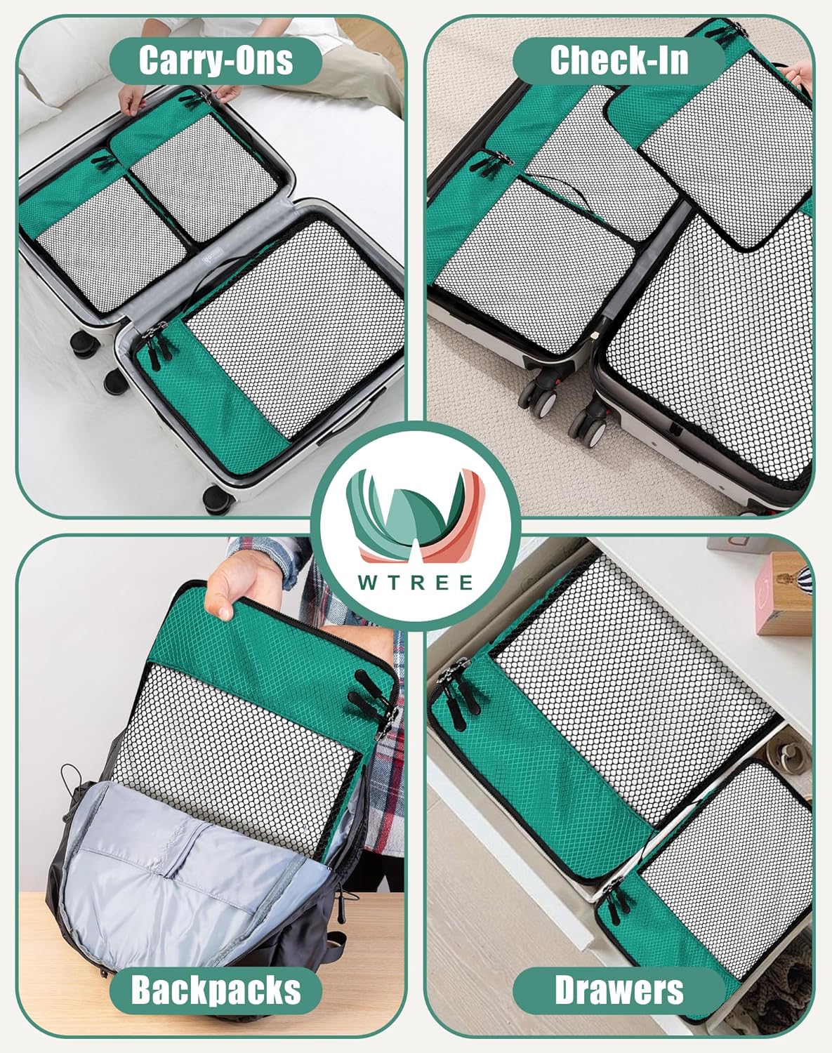 4-Piece Packing Cubes Travel Accessories Set for Suitcases - Luggage Organizer Bags with Double Zipper - Mesh Top - Small/Medium/Large/Slim - Grey