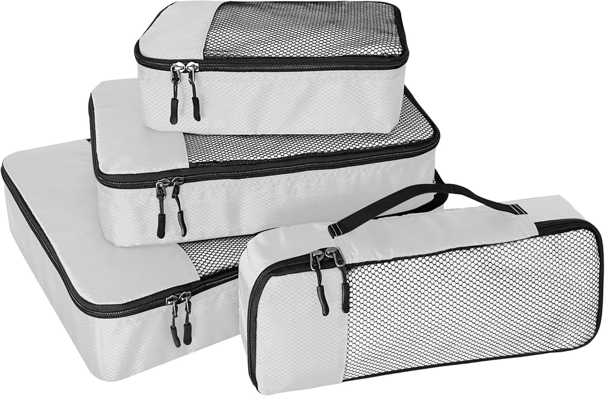 4-Piece Packing Cubes Travel Accessories Set for Suitcases - Luggage Organizer Bags with Double Zipper - Mesh Top - Small/Medium/Large/Slim - Grey