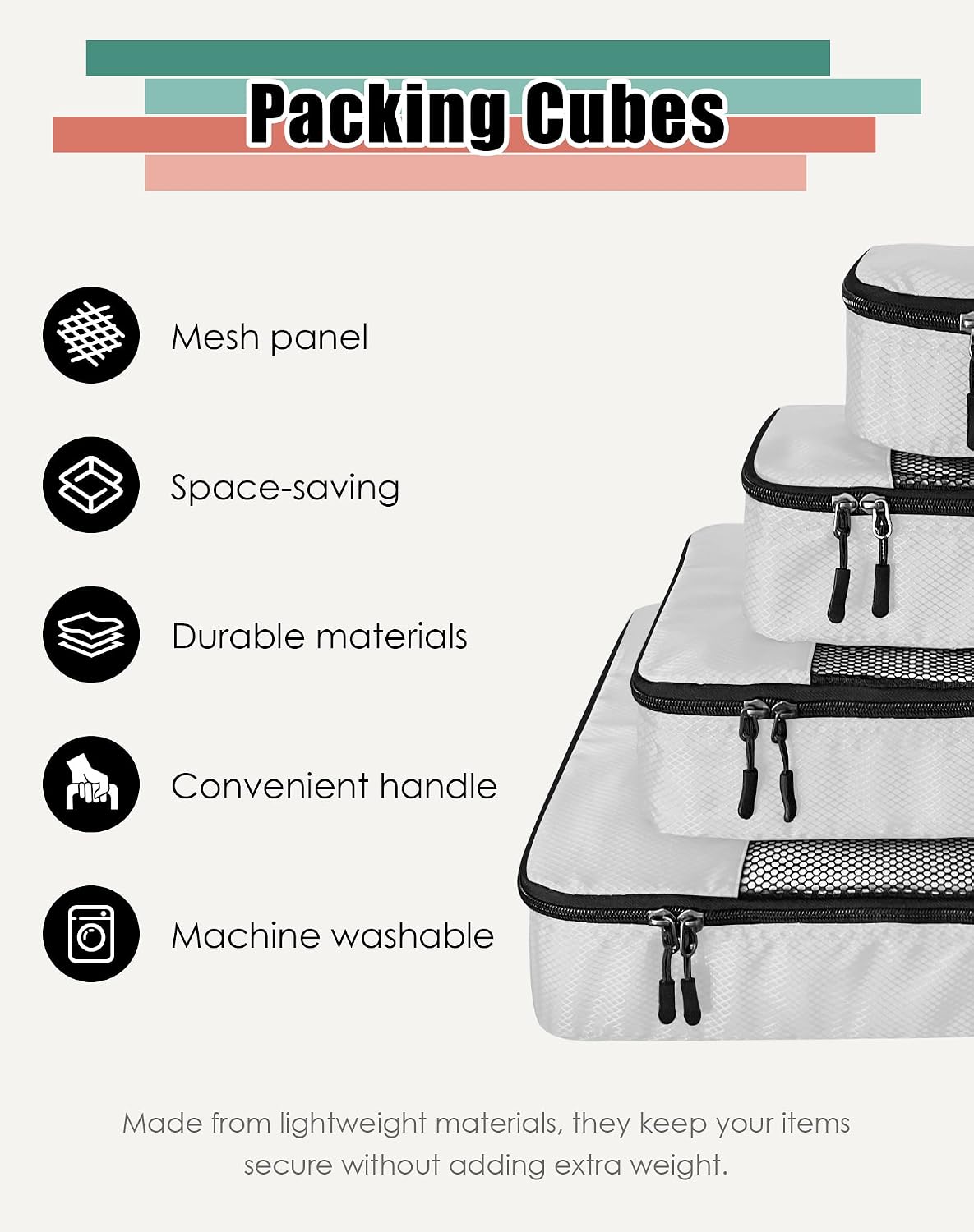 4-Piece Packing Cubes Travel Accessories Set for Suitcases - Luggage Organizer Bags with Double Zipper - Mesh Top - Small/Medium/Large/Slim - Grey