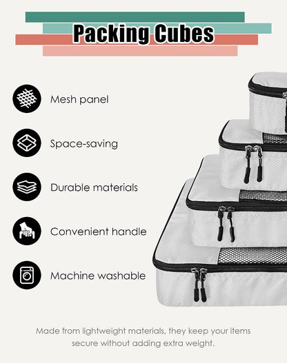 4-Piece Packing Cubes Travel Accessories Set for Suitcases - Luggage Organizer Bags with Double Zipper - Mesh Top - Small/Medium/Large/Slim - Grey