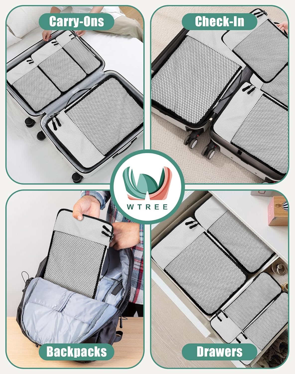 4-Piece Packing Cubes Travel Accessories Set for Suitcases - Luggage Organizer Bags with Double Zipper - Mesh Top - Small/Medium/Large/Slim - Grey