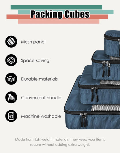 4-Piece Packing Cubes Travel Accessories Set for Suitcases - Luggage Organizer Bags with Double Zipper - Mesh Top - Small/Medium/Large/Slim - Grey