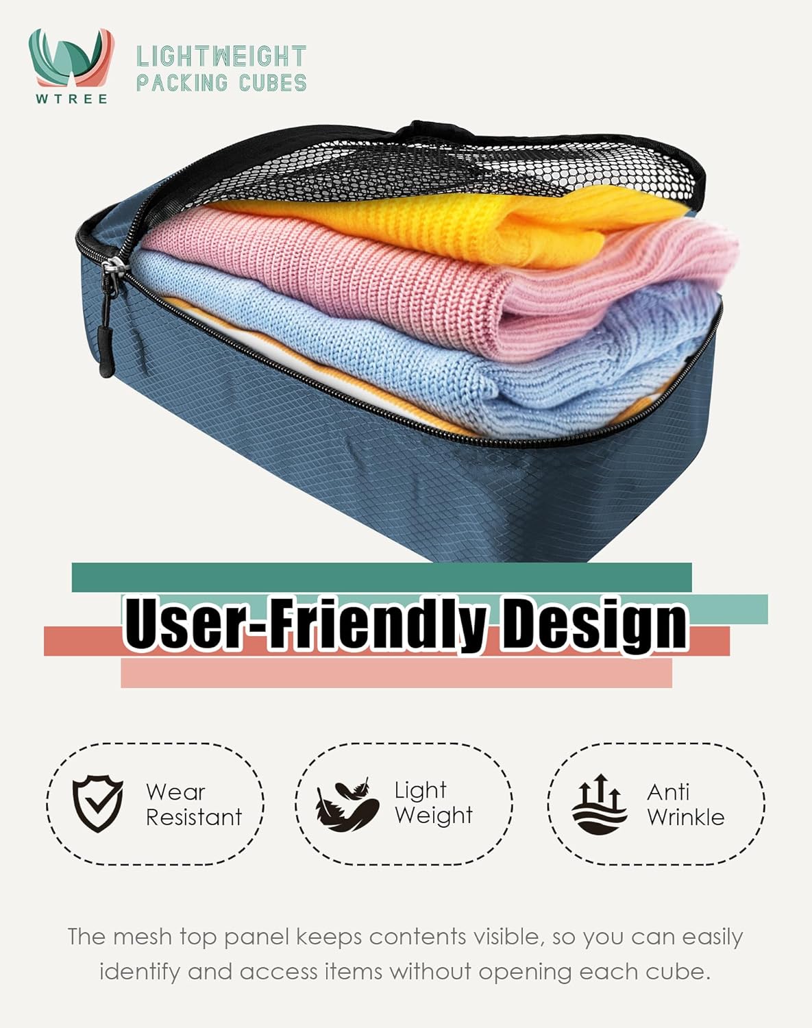 4-Piece Packing Cubes Travel Accessories Set for Suitcases - Luggage Organizer Bags with Double Zipper - Mesh Top - Small/Medium/Large/Slim - Grey