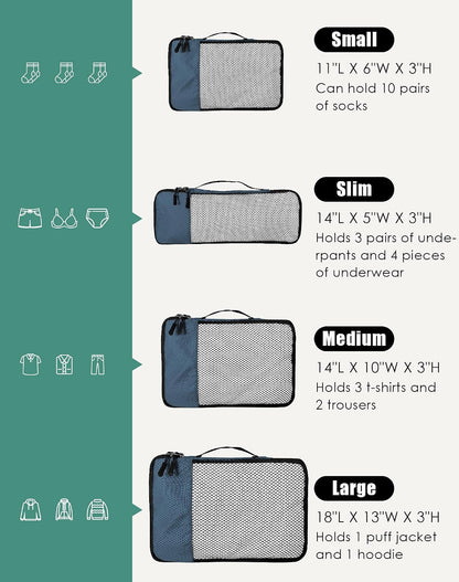 4-Piece Packing Cubes Travel Accessories Set for Suitcases - Luggage Organizer Bags with Double Zipper - Mesh Top - Small/Medium/Large/Slim - Grey