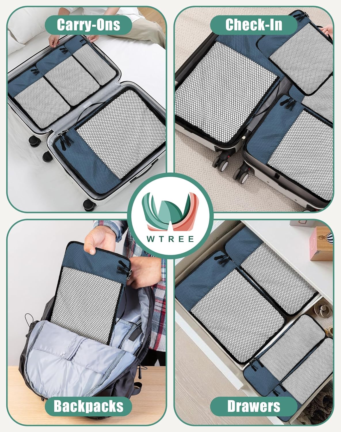 4-Piece Packing Cubes Travel Accessories Set for Suitcases - Luggage Organizer Bags with Double Zipper - Mesh Top - Small/Medium/Large/Slim - Grey