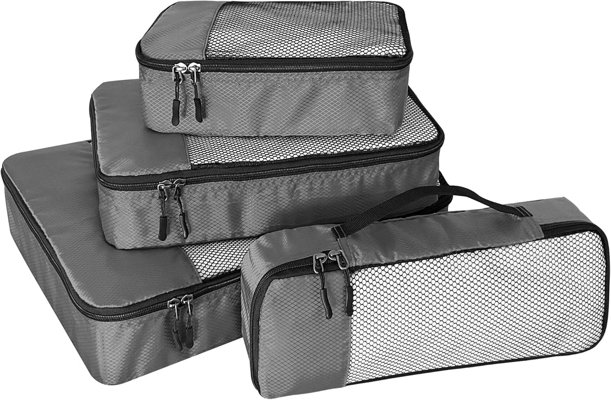 4-Piece Packing Cubes Travel Accessories Set for Suitcases - Luggage Organizer Bags with Double Zipper - Mesh Top - Small/Medium/Large/Slim - Grey