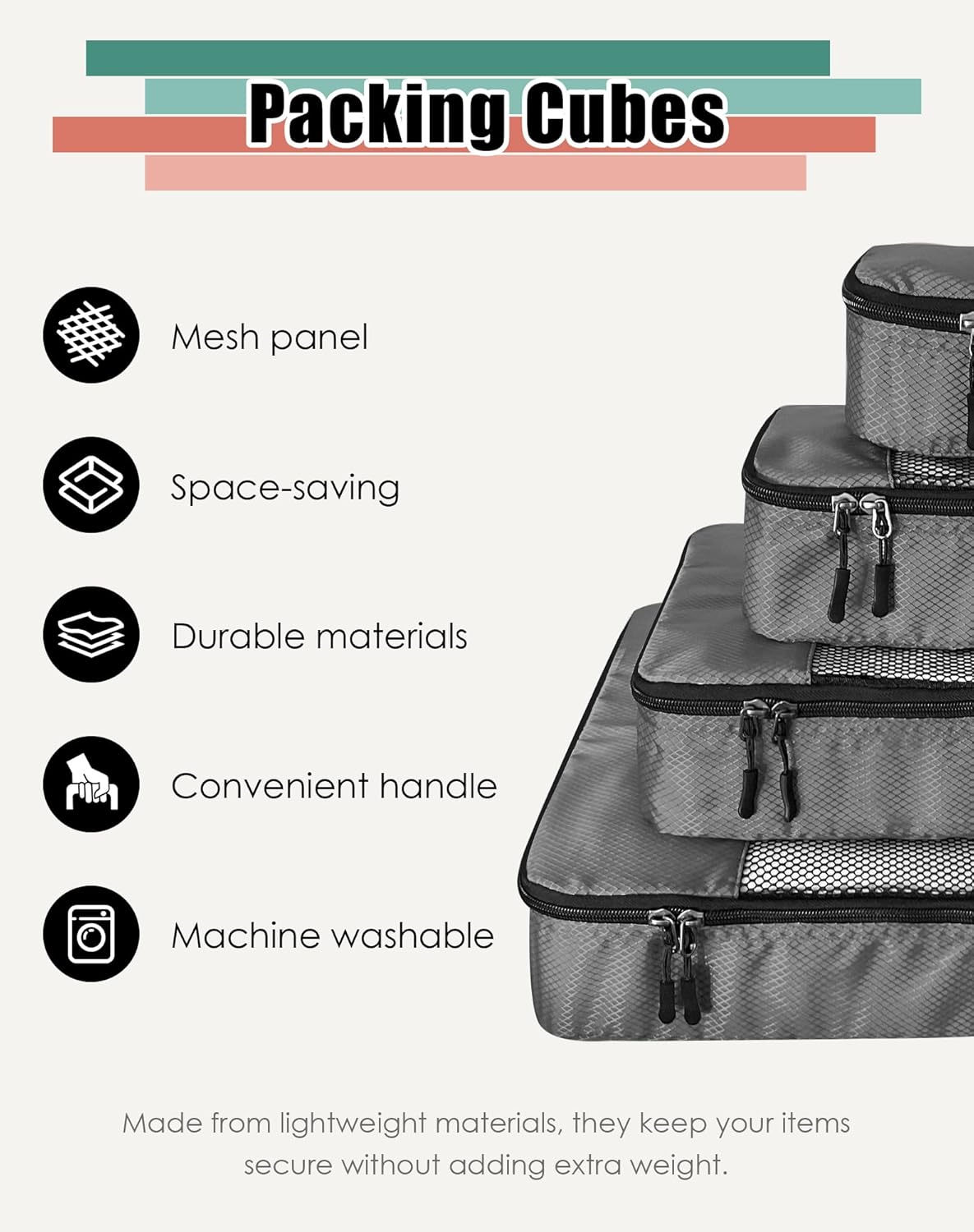 4-Piece Packing Cubes Travel Accessories Set for Suitcases - Luggage Organizer Bags with Double Zipper - Mesh Top - Small/Medium/Large/Slim - Grey