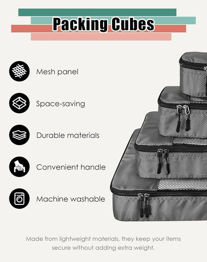 4-Piece Packing Cubes Travel Accessories Set for Suitcases - Luggage Organizer Bags with Double Zipper - Mesh Top - Small/Medium/Large/Slim - Grey