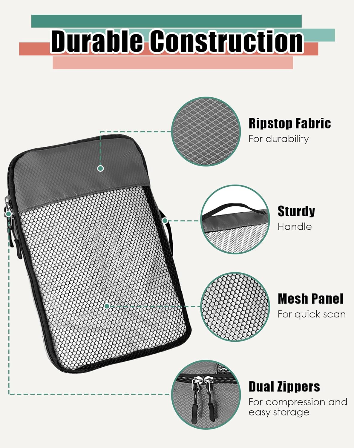 4-Piece Packing Cubes Travel Accessories Set for Suitcases - Luggage Organizer Bags with Double Zipper - Mesh Top - Small/Medium/Large/Slim - Grey
