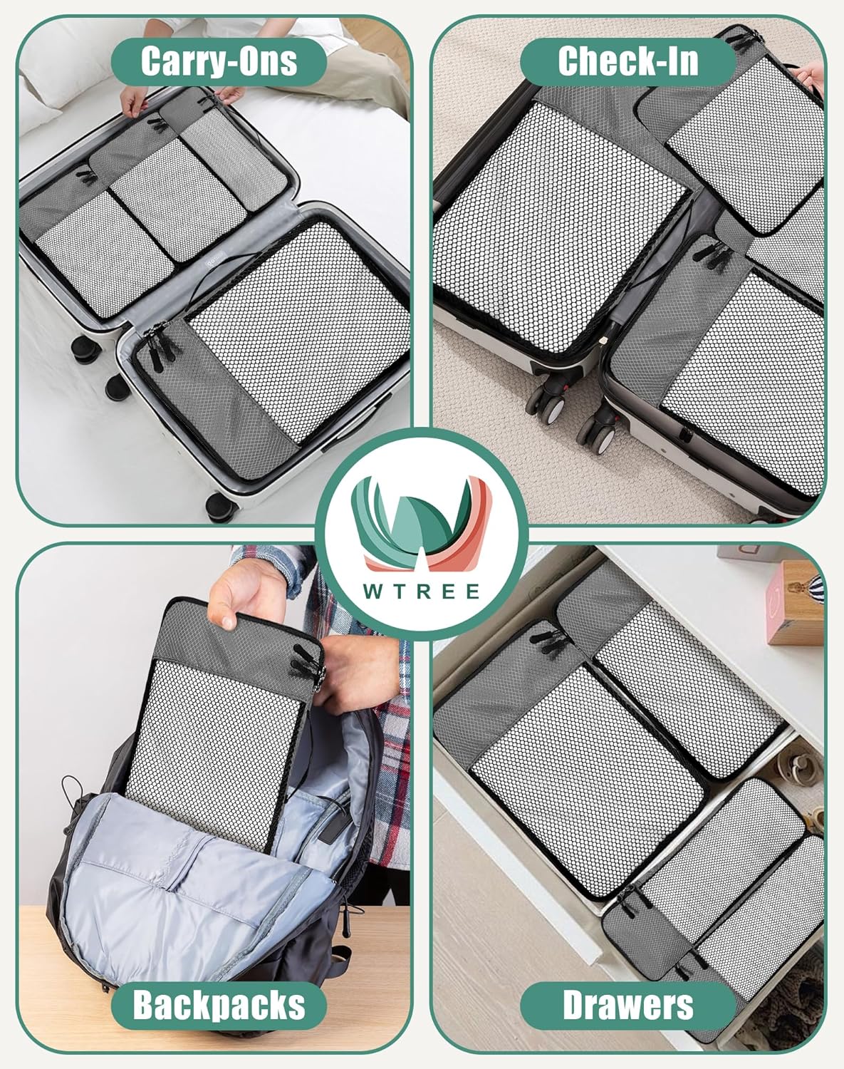 4-Piece Packing Cubes Travel Accessories Set for Suitcases - Luggage Organizer Bags with Double Zipper - Mesh Top - Small/Medium/Large/Slim - Grey