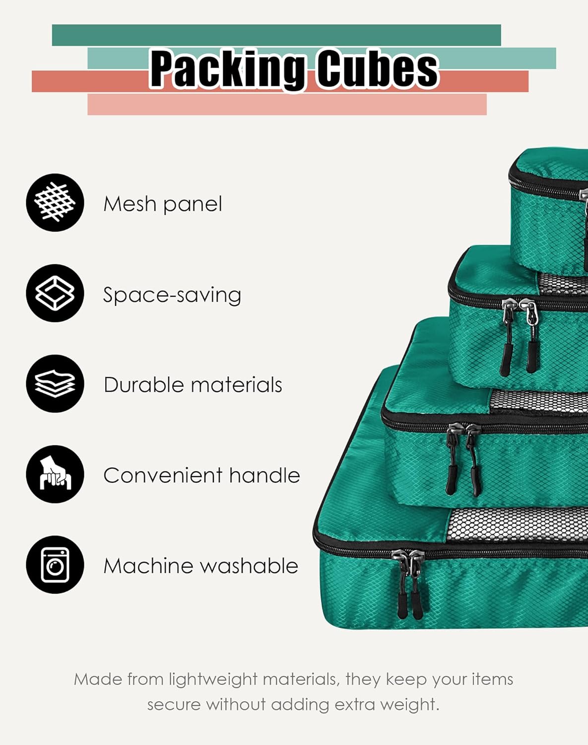4-Piece Packing Cubes Travel Accessories Set for Suitcases - Luggage Organizer Bags with Double Zipper - Mesh Top - Small/Medium/Large/Slim - Grey