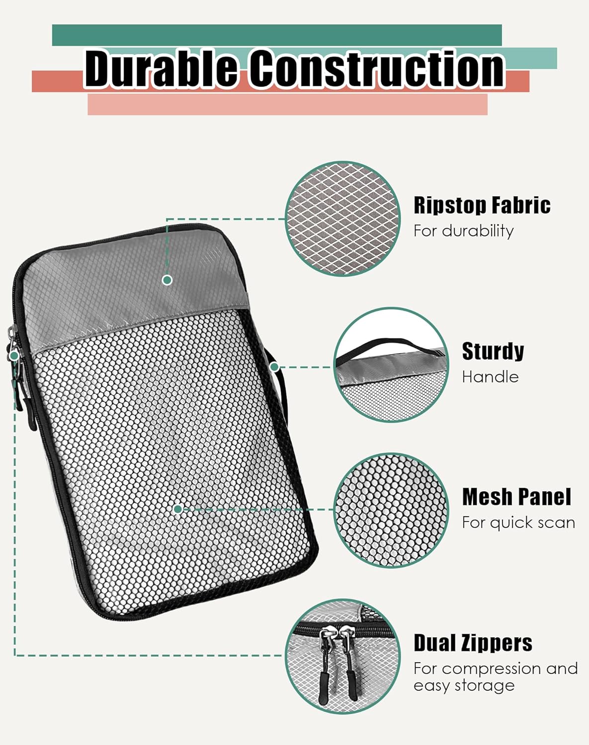 4-Piece Packing Cubes Travel Accessories Set for Suitcases - Luggage Organizer Bags with Double Zipper - Mesh Top - Small/Medium/Large/Slim - Grey