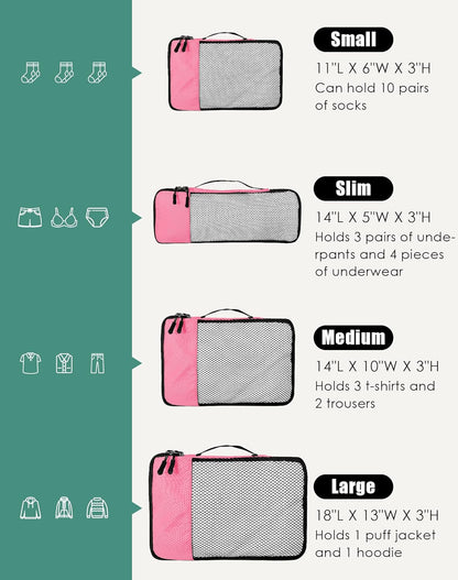 4-Piece Packing Cubes Travel Accessories Set for Suitcases - Luggage Organizer Bags with Double Zipper - Mesh Top - Small/Medium/Large/Slim - Grey