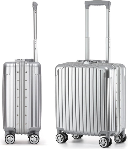 16 Inch Aluminum Frame Underseat Carry On Luggage Airline Approved with Wheels, Personal Item Zipperless Hard Shell Lightweight Small Suitcases with TSA Lock for Business Travel,Silver