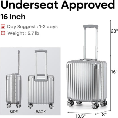 16 Inch Aluminum Frame Underseat Carry On Luggage Airline Approved with Wheels, Personal Item Zipperless Hard Shell Lightweight Small Suitcases with TSA Lock for Business Travel,Silver