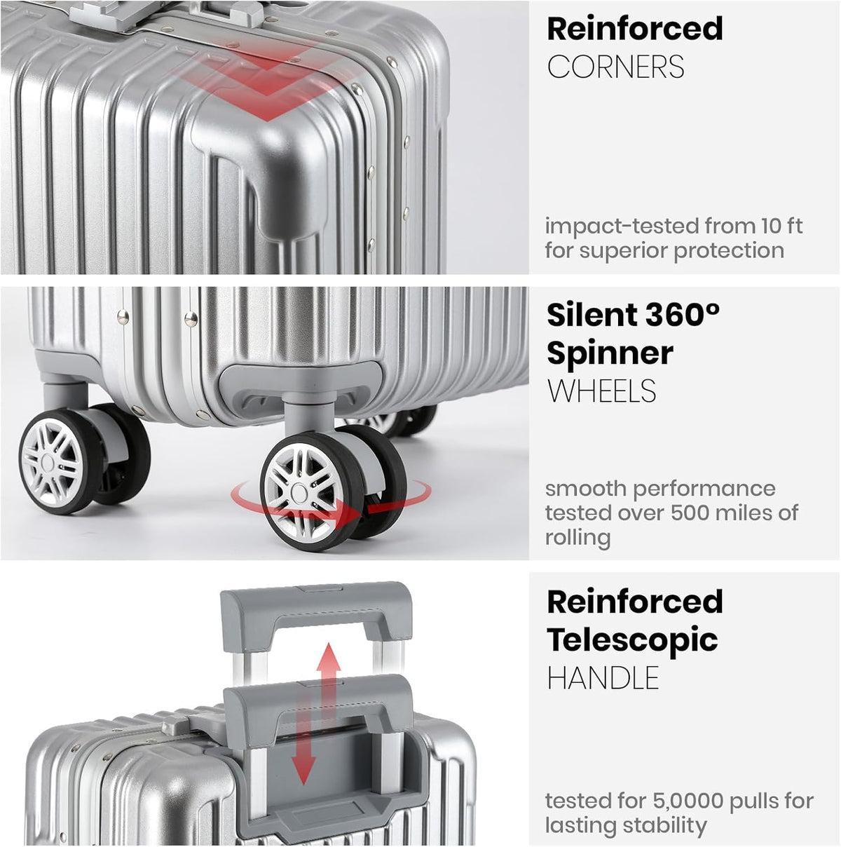 16 Inch Aluminum Frame Underseat Carry On Luggage Airline Approved with Wheels, Personal Item Zipperless Hard Shell Lightweight Small Suitcases with TSA Lock for Business Travel,Silver