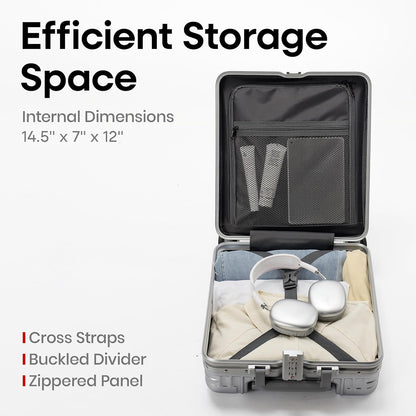 16 Inch Aluminum Frame Underseat Carry On Luggage Airline Approved with Wheels, Personal Item Zipperless Hard Shell Lightweight Small Suitcases with TSA Lock for Business Travel,Silver