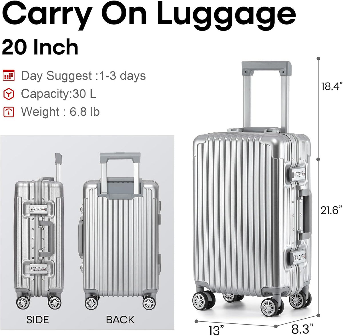 16 Inch Aluminum Frame Underseat Carry On Luggage Airline Approved with Wheels, Personal Item Zipperless Hard Shell Lightweight Small Suitcases with TSA Lock for Business Travel,Silver