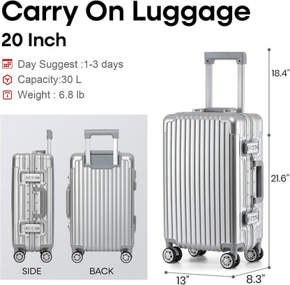 16 Inch Aluminum Frame Underseat Carry On Luggage Airline Approved with Wheels, Personal Item Zipperless Hard Shell Lightweight Small Suitcases with TSA Lock for Business Travel,Silver