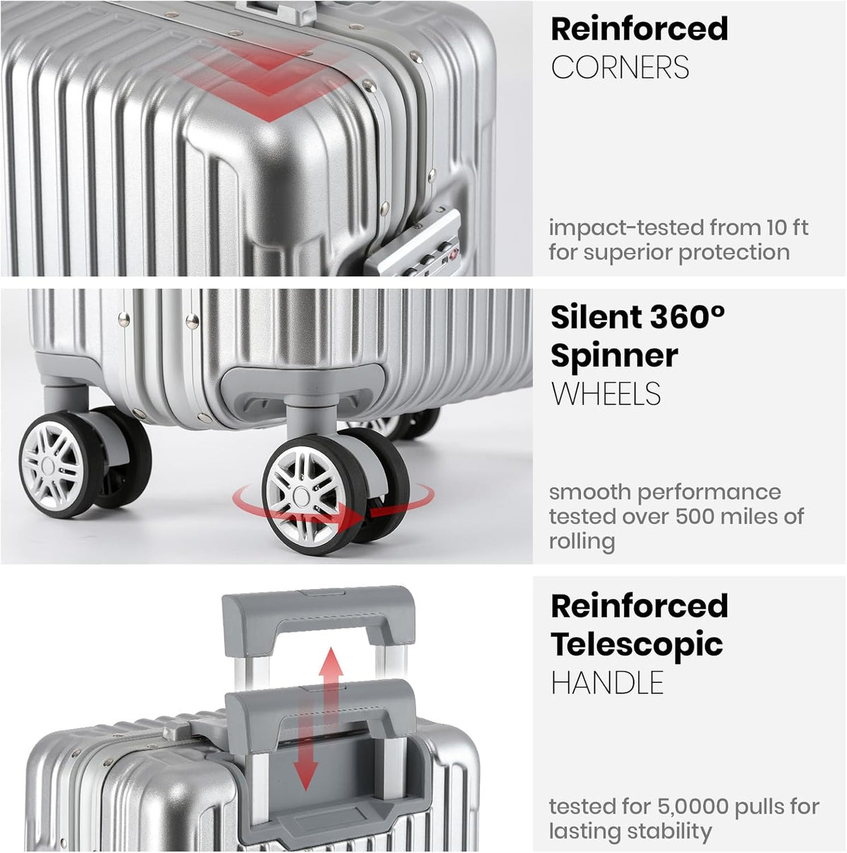 16 Inch Aluminum Frame Underseat Carry On Luggage Airline Approved with Wheels, Personal Item Zipperless Hard Shell Lightweight Small Suitcases with TSA Lock for Business Travel,Silver