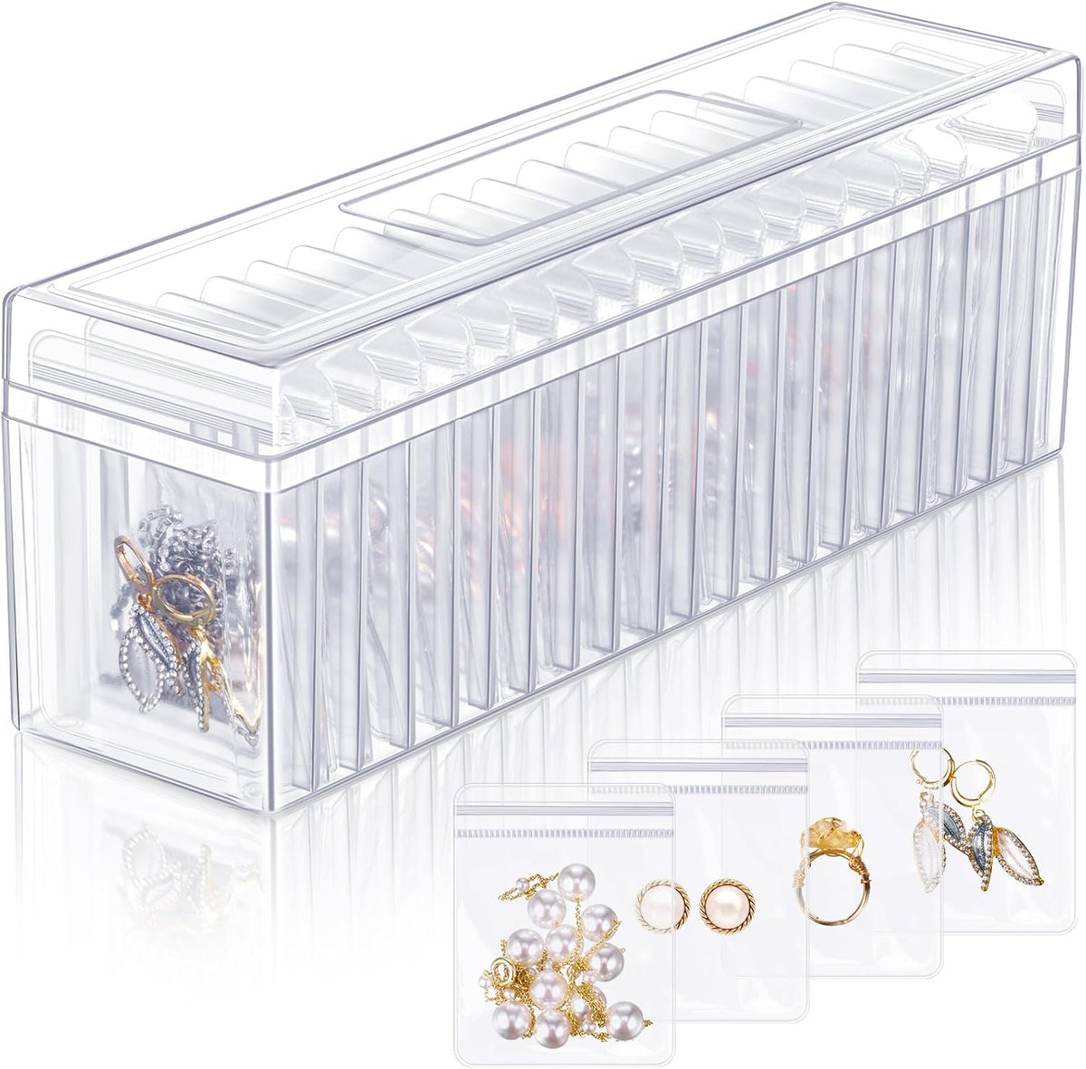 21 Pcs Acrylic Jewelry Case Organizer, Clear Jewelry Organizers Holder with Portable Anti Tarnish Storage Bags for Rings, Earrings, Necklaces, Ideal Gifts for Women (Clear)