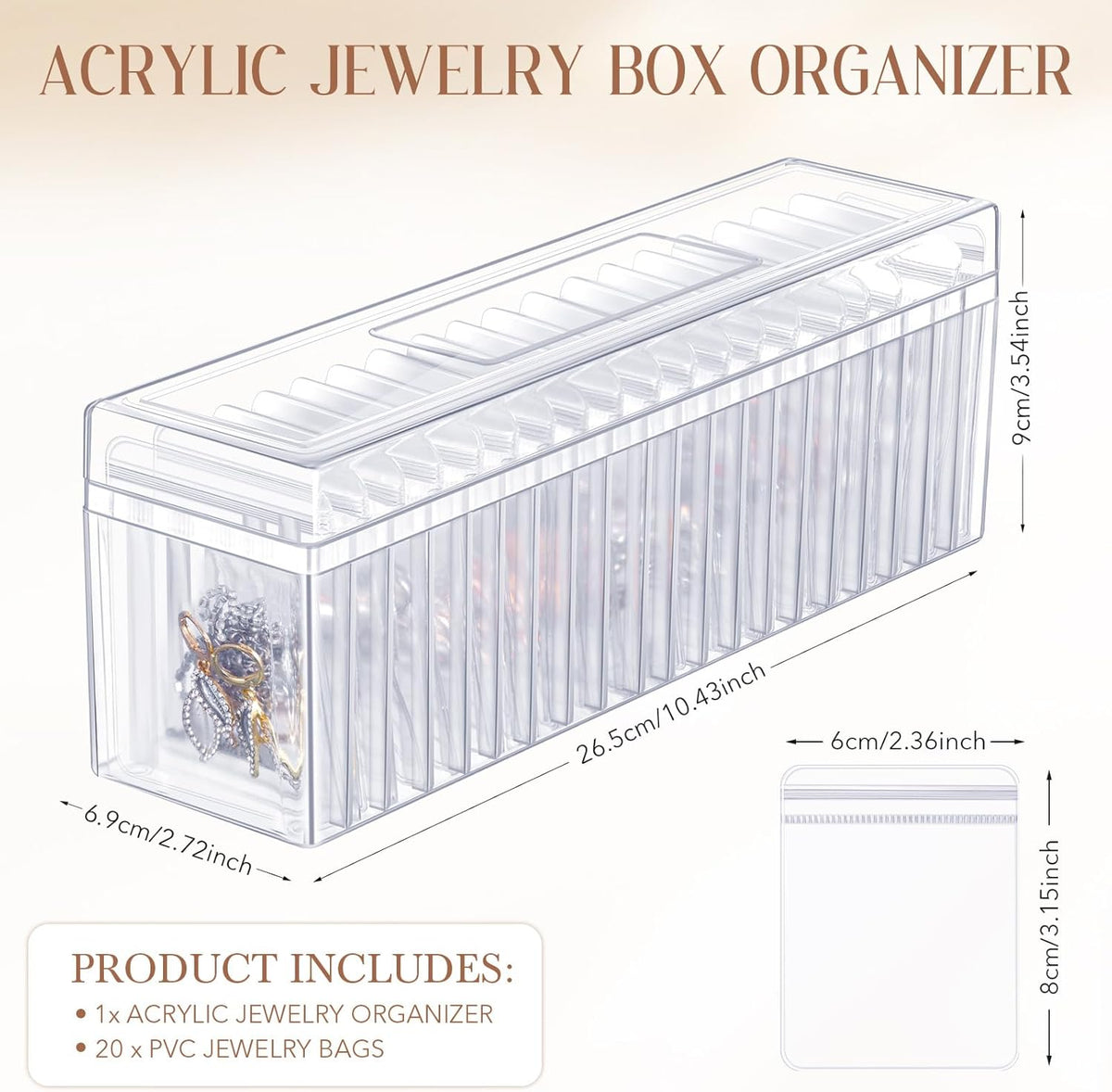 21 Pcs Acrylic Jewelry Case Organizer, Clear Jewelry Organizers Holder with Portable Anti Tarnish Storage Bags for Rings, Earrings, Necklaces, Ideal Gifts for Women (Clear)