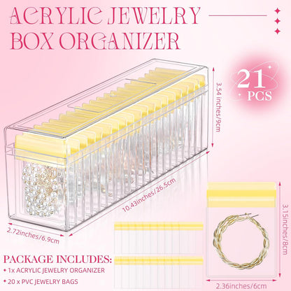 21 Pcs Acrylic Jewelry Case Organizer, Clear Jewelry Organizers Holder with Portable Anti Tarnish Storage Bags for Rings, Earrings, Necklaces, Ideal Gifts for Women (Clear)