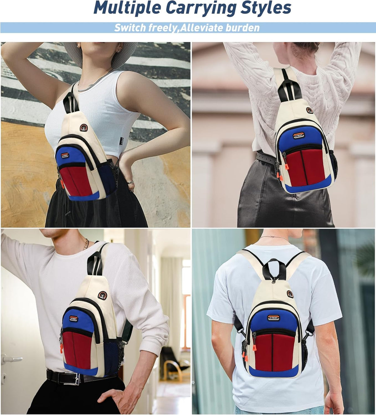 Sling Bag - Women's Crossbody Shoulder Backpack for Men, Travel, Hiking, Sport, Casual Daypack (Beige, Blue, Red)