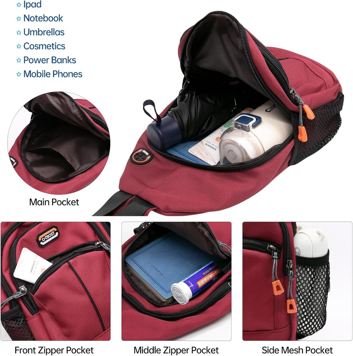 Sling Bag - Women's Crossbody Shoulder Backpack for Men, Travel, Hiking, Sport, Casual Daypack (Beige, Blue, Red)