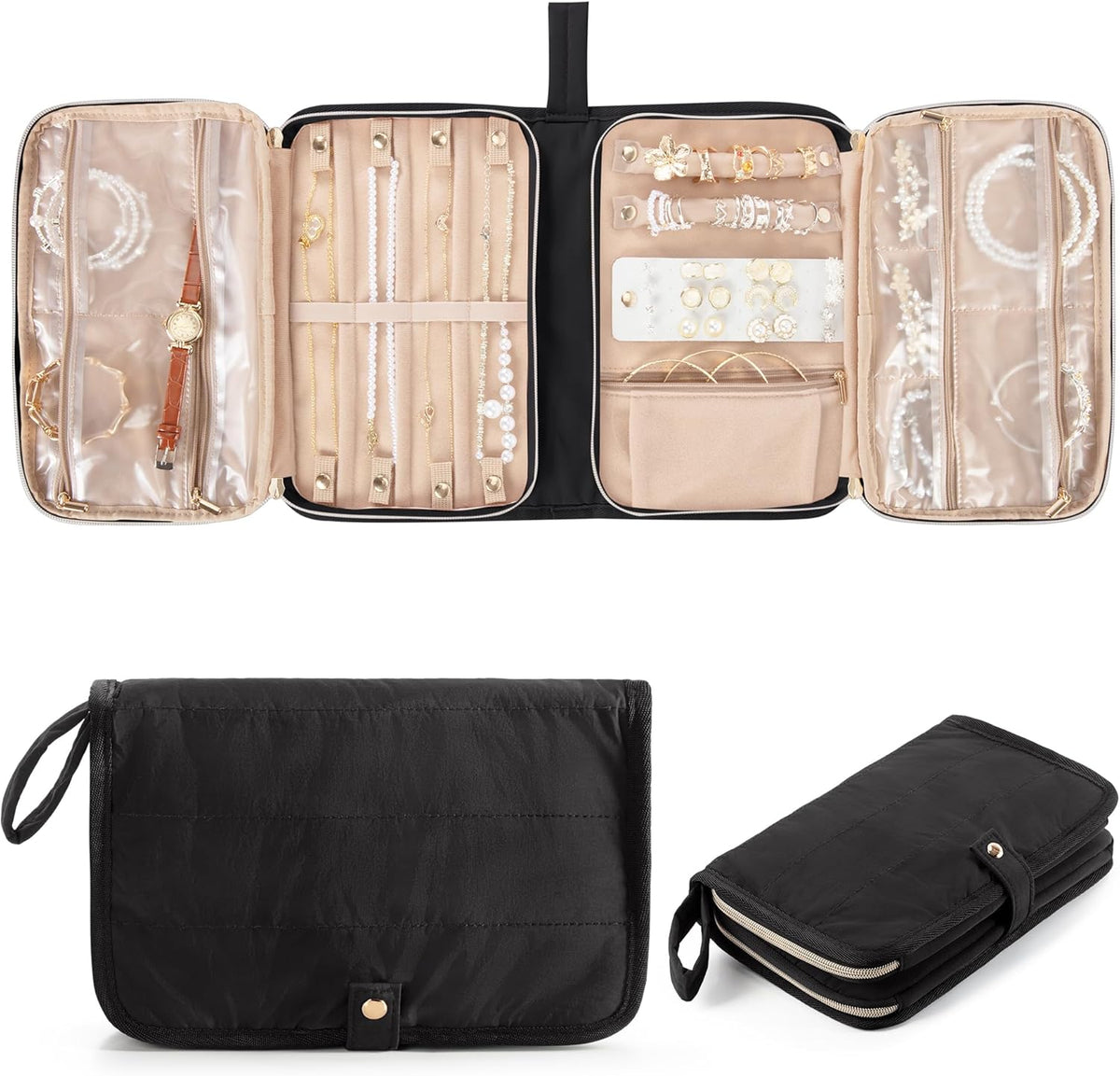 Travel Jewelry Case Organizer with Zipper, Foldable Jewelry Bag for Earrings, Rings, Necklaces, Bracelets, Brooches, Pink