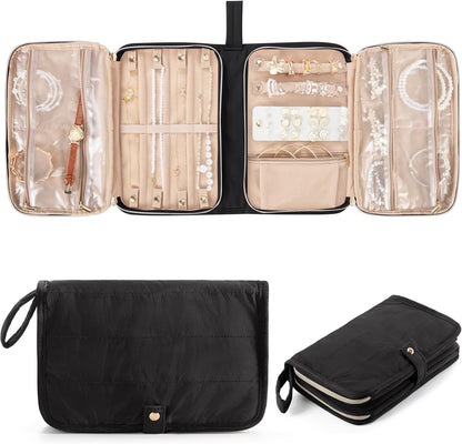 Travel Jewelry Case Organizer with Zipper, Foldable Jewelry Bag for Earrings, Rings, Necklaces, Bracelets, Brooches, Pink