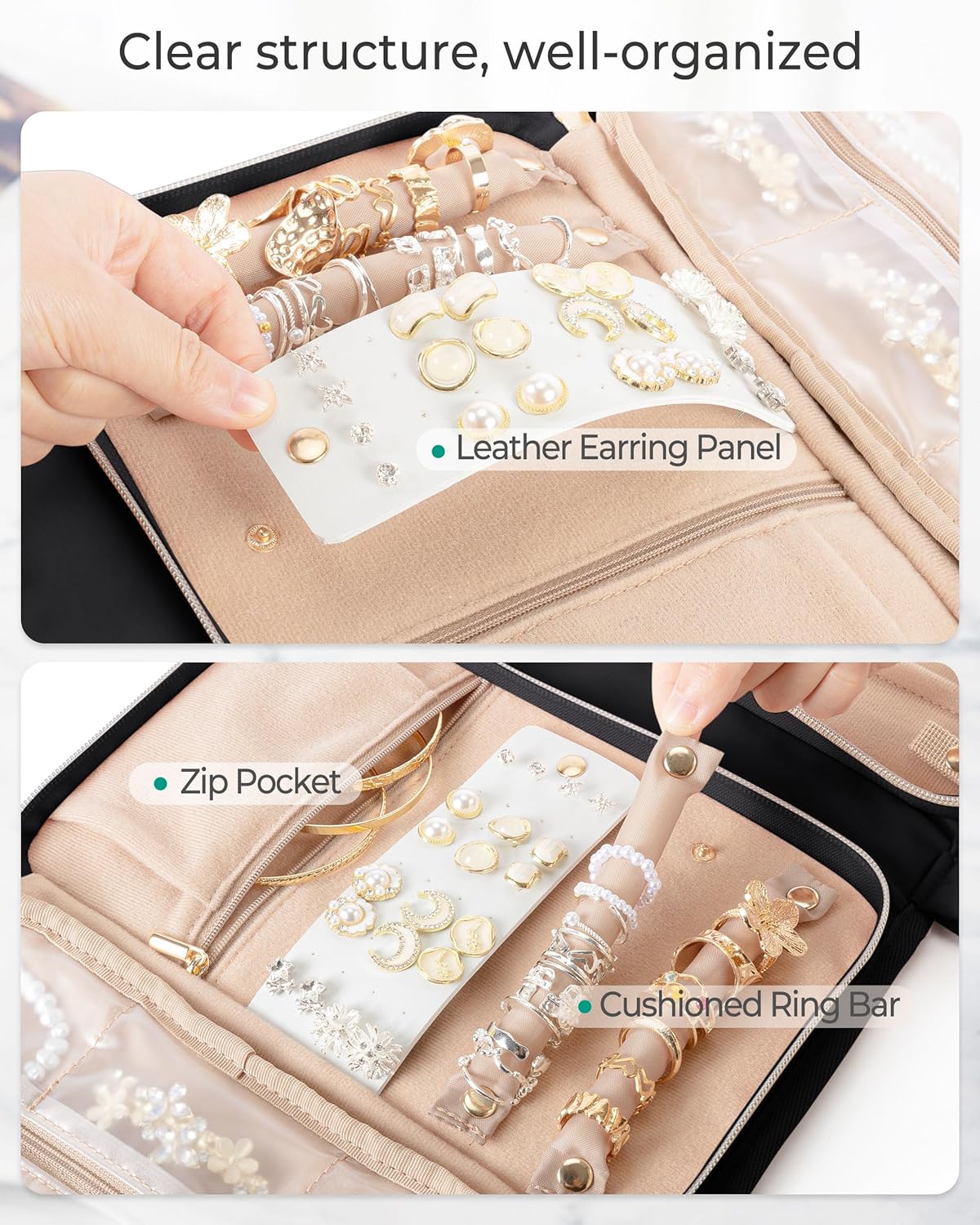 Travel Jewelry Case Organizer with Zipper, Foldable Jewelry Bag for Earrings, Rings, Necklaces, Bracelets, Brooches, Pink