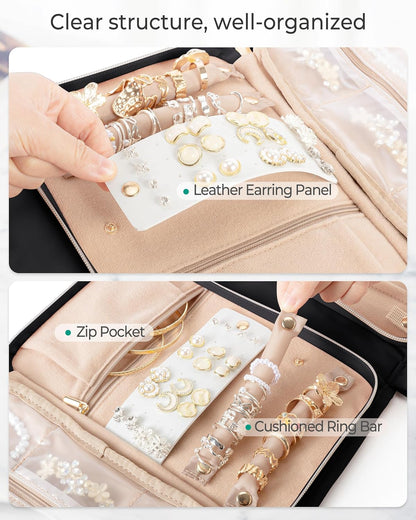 Travel Jewelry Case Organizer with Zipper, Foldable Jewelry Bag for Earrings, Rings, Necklaces, Bracelets, Brooches, Pink