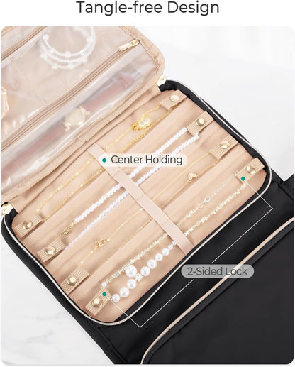 Travel Jewelry Case Organizer with Zipper, Foldable Jewelry Bag for Earrings, Rings, Necklaces, Bracelets, Brooches, Pink