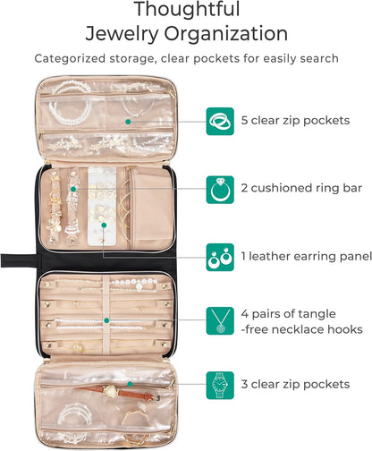 Travel Jewelry Case Organizer with Zipper, Foldable Jewelry Bag for Earrings, Rings, Necklaces, Bracelets, Brooches, Pink