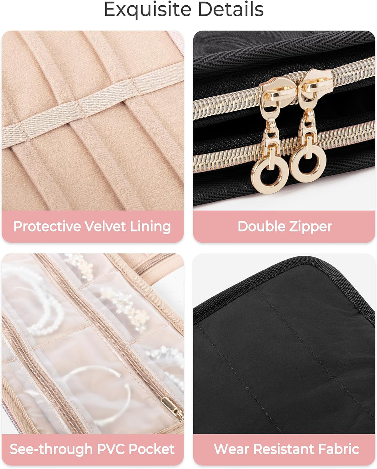 Travel Jewelry Case Organizer with Zipper, Foldable Jewelry Bag for Earrings, Rings, Necklaces, Bracelets, Brooches, Pink