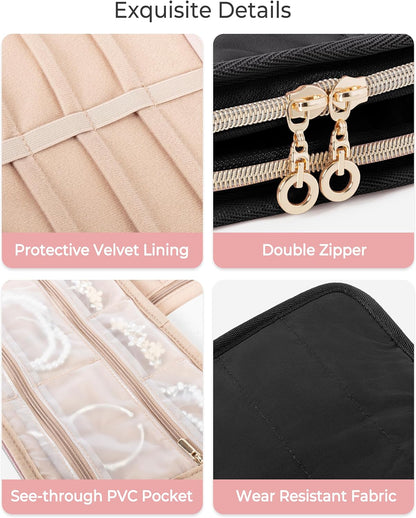 Travel Jewelry Case Organizer with Zipper, Foldable Jewelry Bag for Earrings, Rings, Necklaces, Bracelets, Brooches, Pink