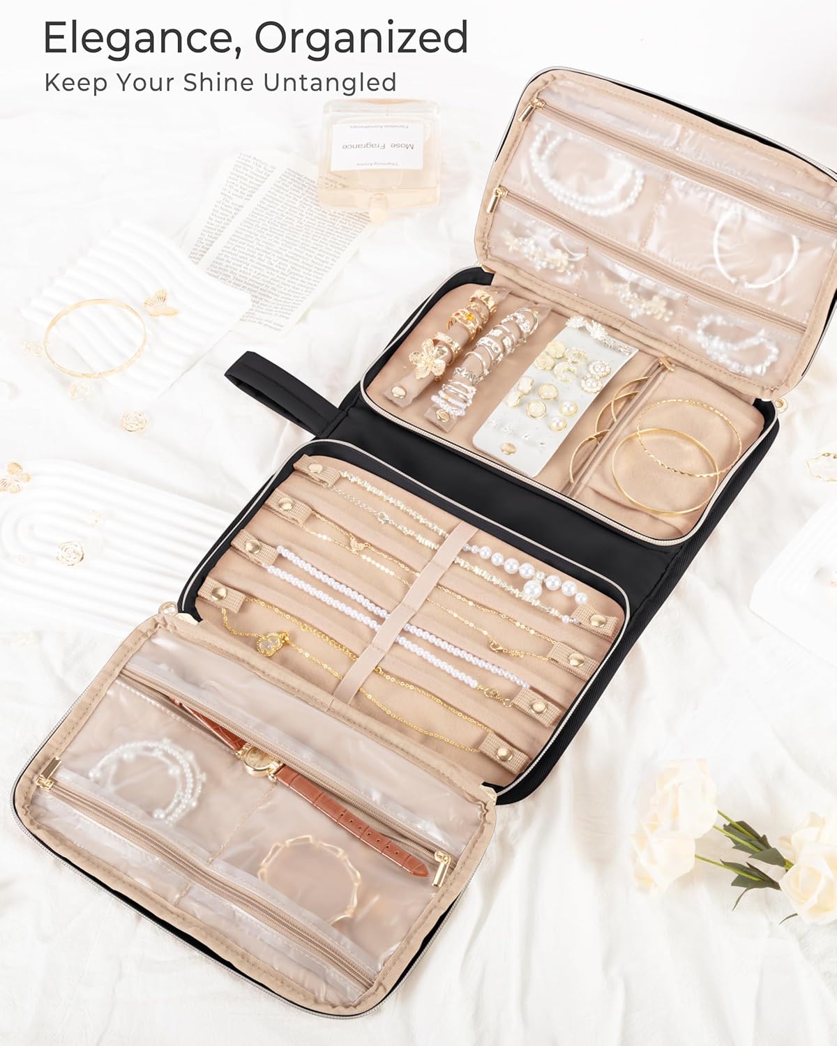 Travel Jewelry Case Organizer with Zipper, Foldable Jewelry Bag for Earrings, Rings, Necklaces, Bracelets, Brooches, Pink