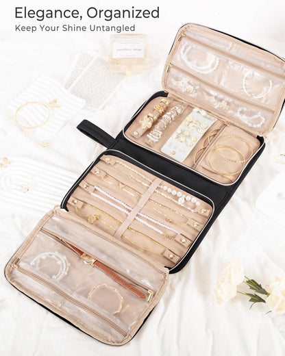 Travel Jewelry Case Organizer with Zipper, Foldable Jewelry Bag for Earrings, Rings, Necklaces, Bracelets, Brooches, Pink