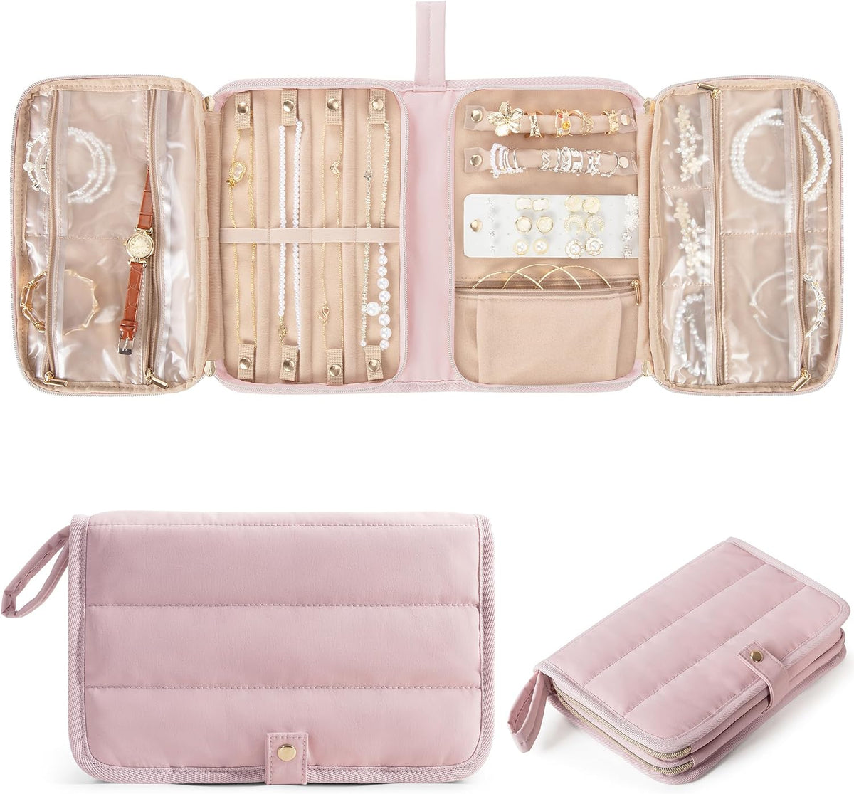 Travel Jewelry Case Organizer with Zipper, Foldable Jewelry Bag for Earrings, Rings, Necklaces, Bracelets, Brooches, Pink