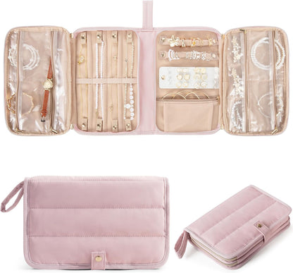 Travel Jewelry Case Organizer with Zipper, Foldable Jewelry Bag for Earrings, Rings, Necklaces, Bracelets, Brooches, Pink