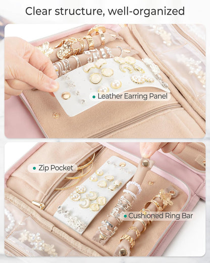 Travel Jewelry Case Organizer with Zipper, Foldable Jewelry Bag for Earrings, Rings, Necklaces, Bracelets, Brooches, Pink