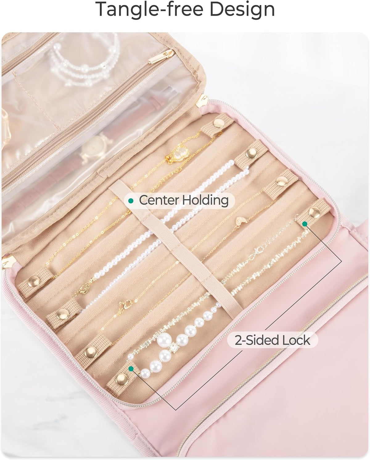 Travel Jewelry Case Organizer with Zipper, Foldable Jewelry Bag for Earrings, Rings, Necklaces, Bracelets, Brooches, Pink