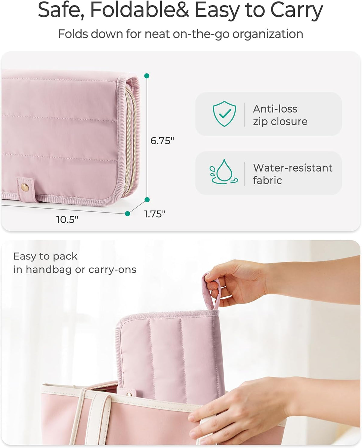 Travel Jewelry Case Organizer with Zipper, Foldable Jewelry Bag for Earrings, Rings, Necklaces, Bracelets, Brooches, Pink